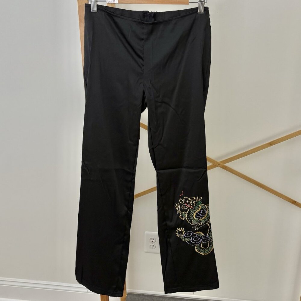 Vtg Tampa Y2K Dragon Embroidered Pant (Sz S) Black Sateen Low Rise 90s Made USA